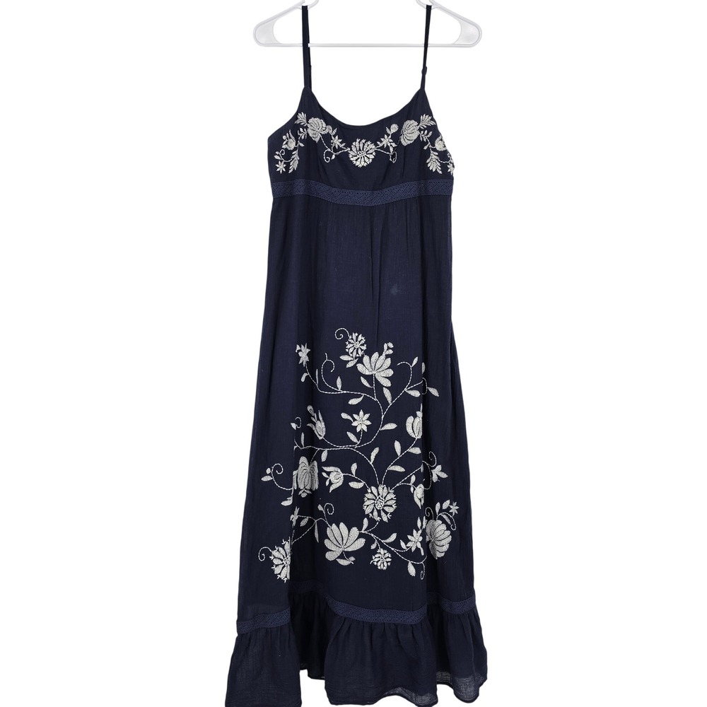 Ann Taylor LOFT Maxi Dress 8 Navy Blue‎ Boho Cottagecore Floral Embroidered